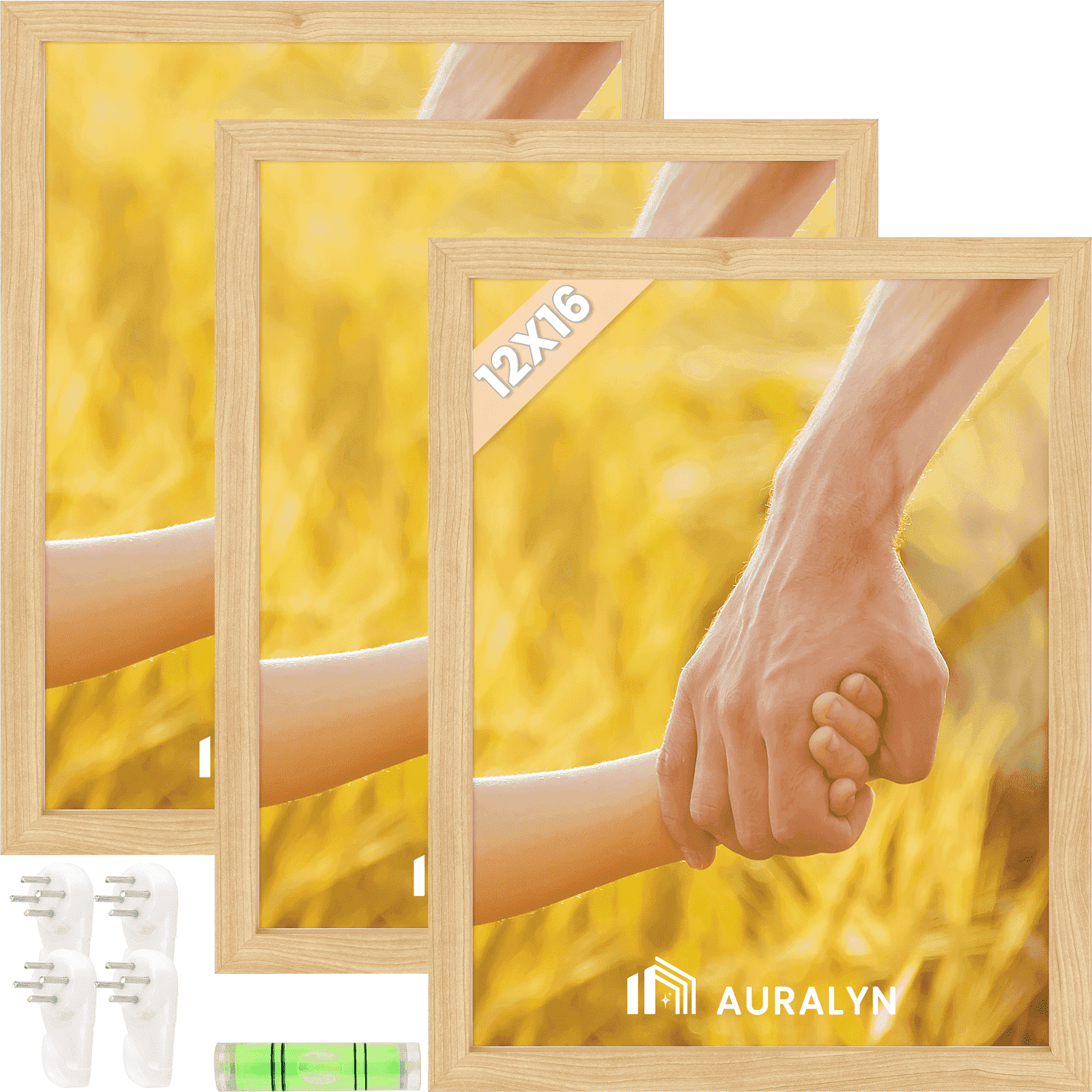 Auralyn Home 12x16 Picture Frames Set of 3, Fits 8.5x11 with Mat or 12x16 Without Mat, Includes Hanging Kit, Wood Grain