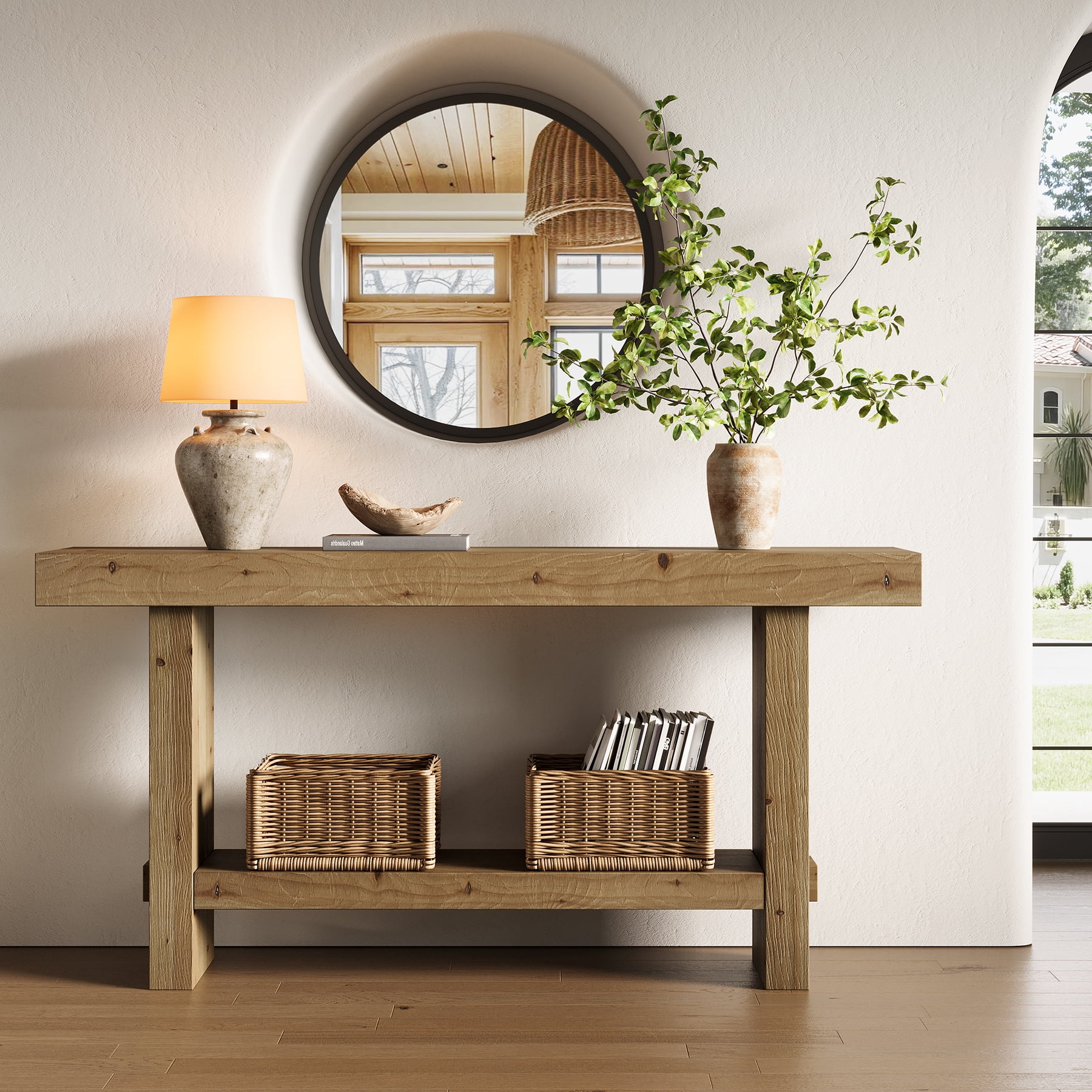 Finmind 63-inch Solid Wood Console Table, 2-Tier Farmhouse Entryway Table, Narrow Sofa Console Behind Couch, Light Brown