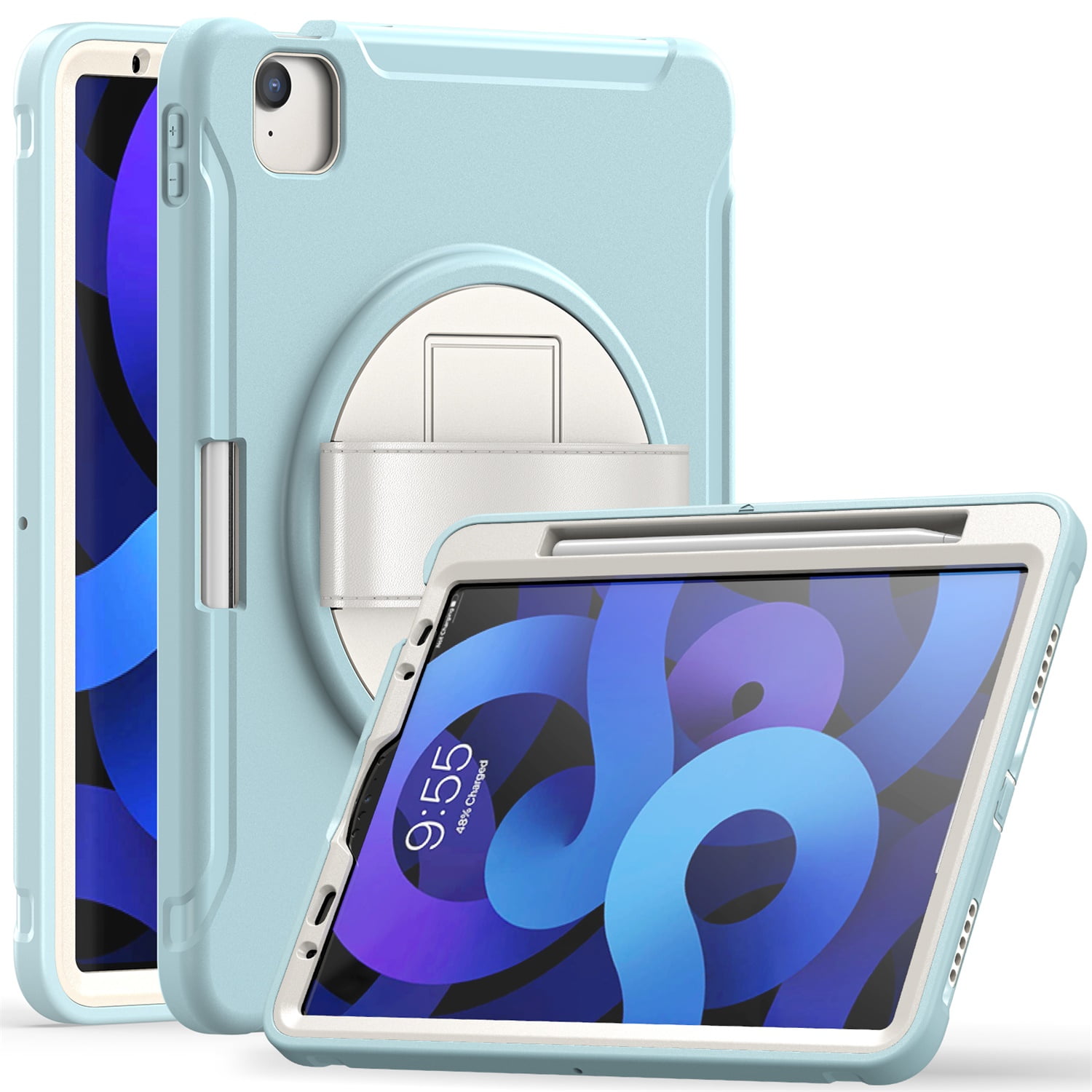 SaniMore for Apple iPad Air 11 2024 Case, 3 Layers Multi-Functional Case with Pencil Holder & Hand Strap Multi-Angle Kickstand Shockproof Protective Case for Women Men, Icecrystalblue