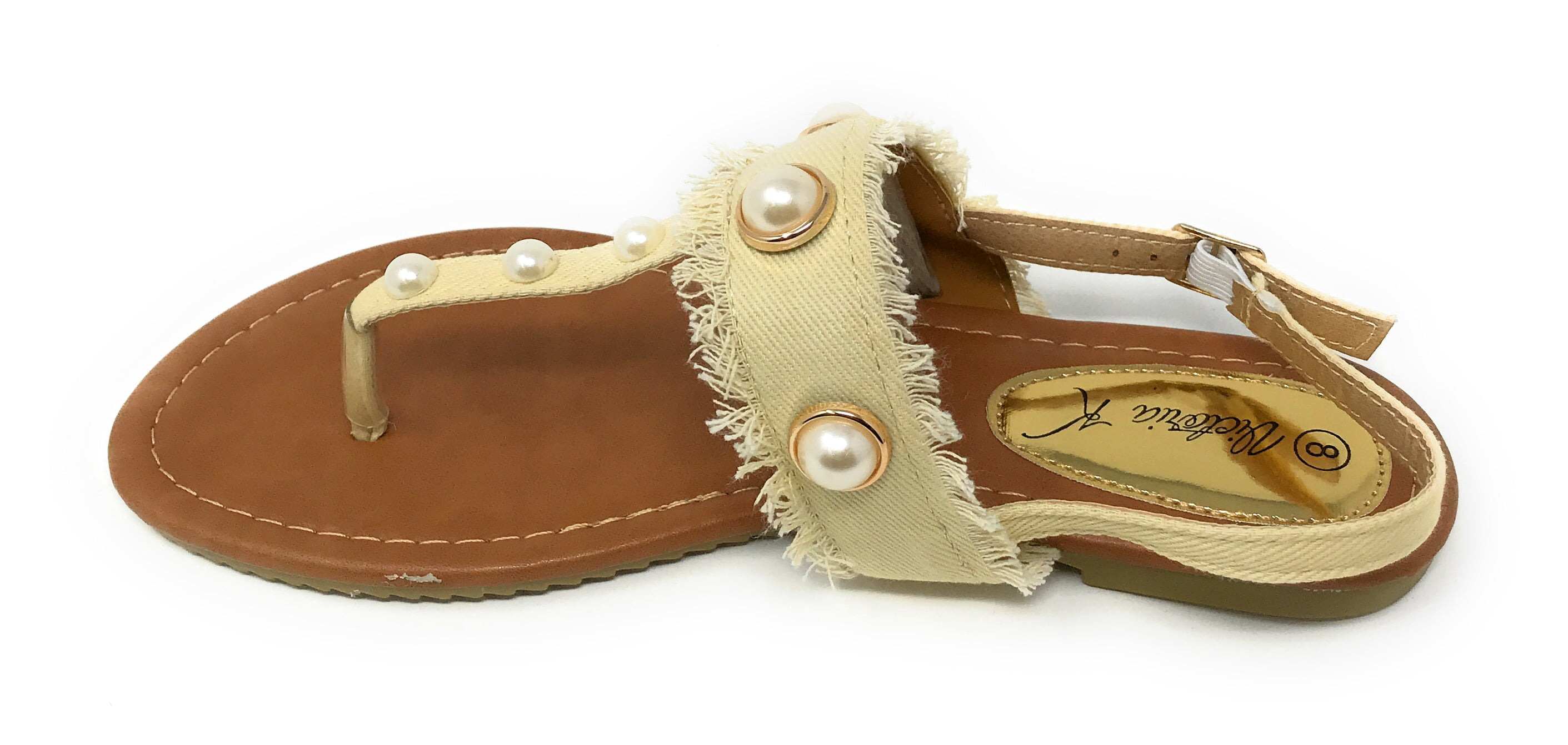 Victoria K Women's Fringed Denim With Pearl Studs Sandals
