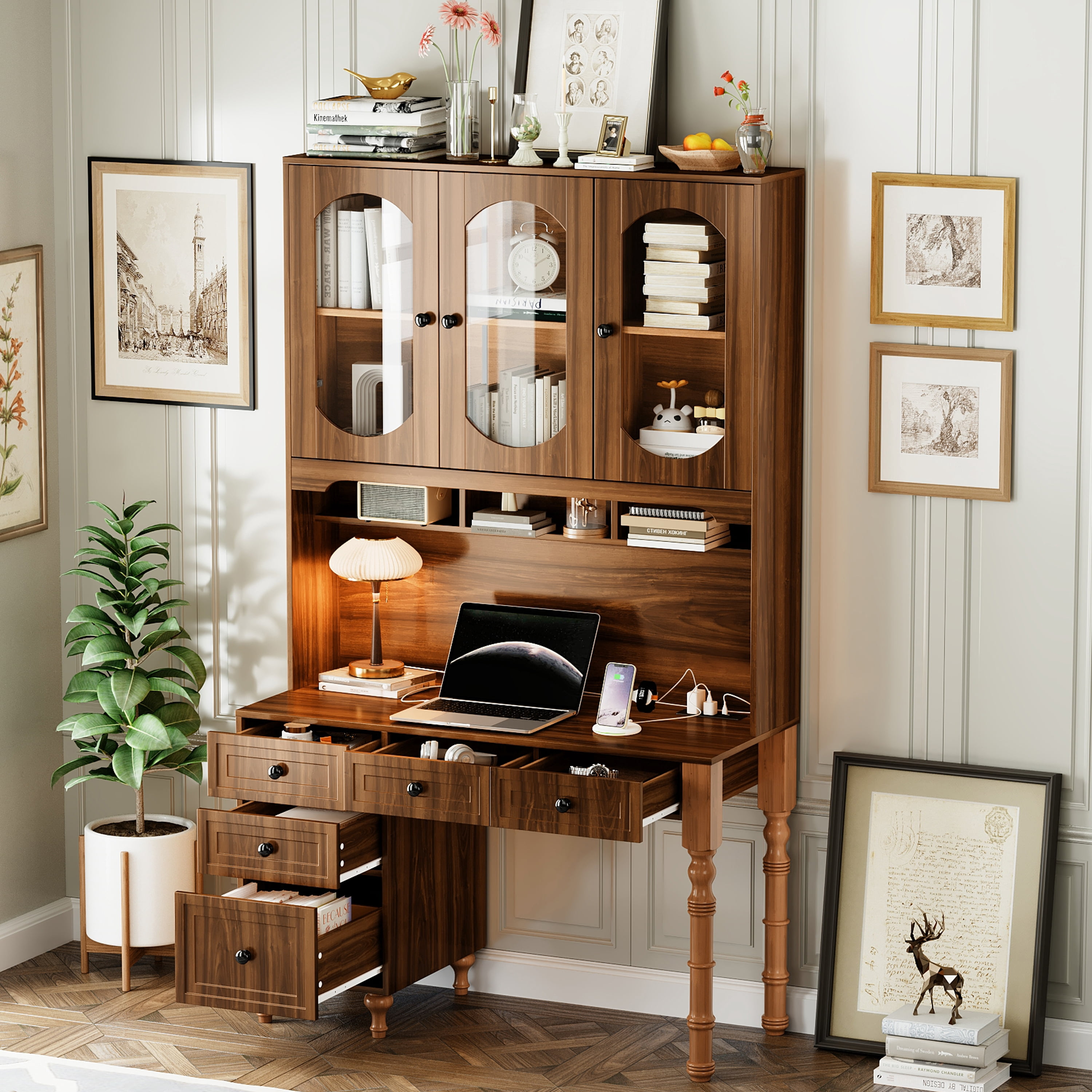 Yoneston 47" Retro Bookcase Desk with Charging Ports and Hutch Cabinet & 5 Drawers, Computer Desk for Home Office Bedroom, Walnut