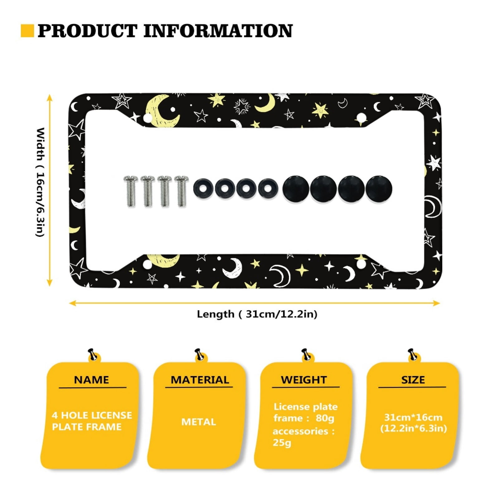 Renewold Moon Star Yellow Car License Plate Frame Auto Decorative Accessories Plate Holder with Screws, Car Accessories Applicable to Standard US License, 2 Pack