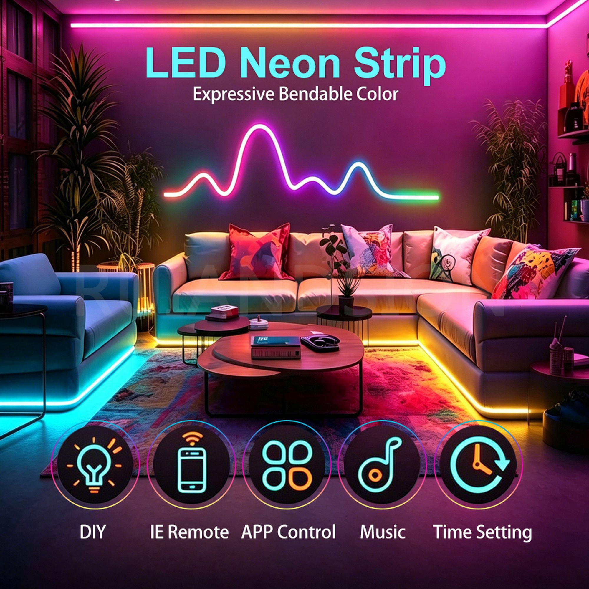 Ruiandsion RGBIC 32.8ft LED Neon Strip Lights, DC 5V USB Bluetooth and App Remote, Flexible DIY Design for Game Room Bedroom, 1-Pack