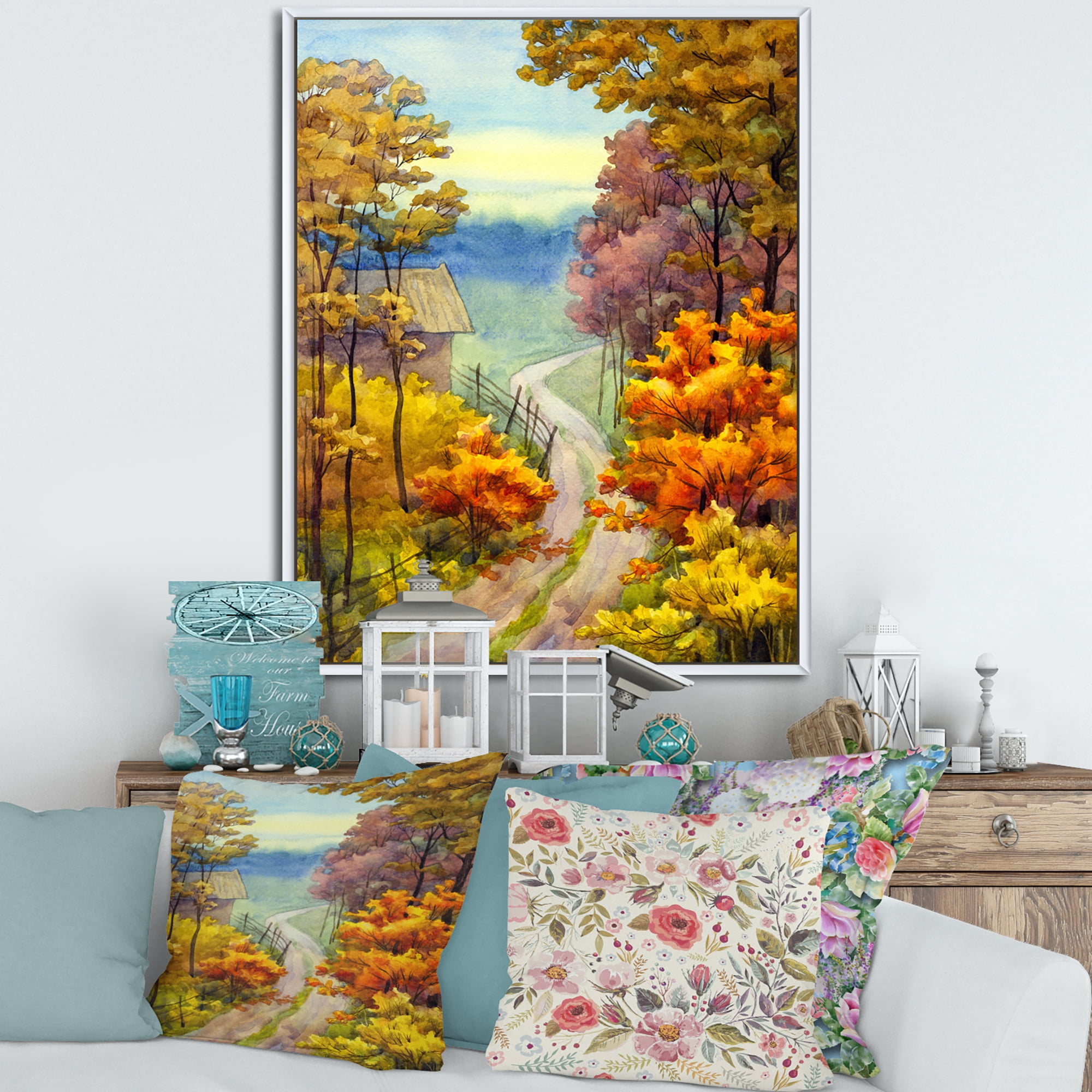 Little Road Through VIbrant Autumn Scene 16 in x 32 in Framed Painting Canvas Art Print, by Designart