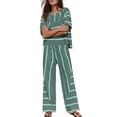 thumbnail image 5 of Women's Striped Two Piece Set, Crew Neck Top with Pocket and Drawstring Waist Wide Leg Pants, Cotton Linen Loungewear Set, Summer Casual Outfits for Women-Light Green, 5 of 7