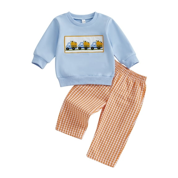 BemeyourBBs Boy 2-piece Outfit Long Sleeve Embroidery Sweatshirt Plaid with Pants