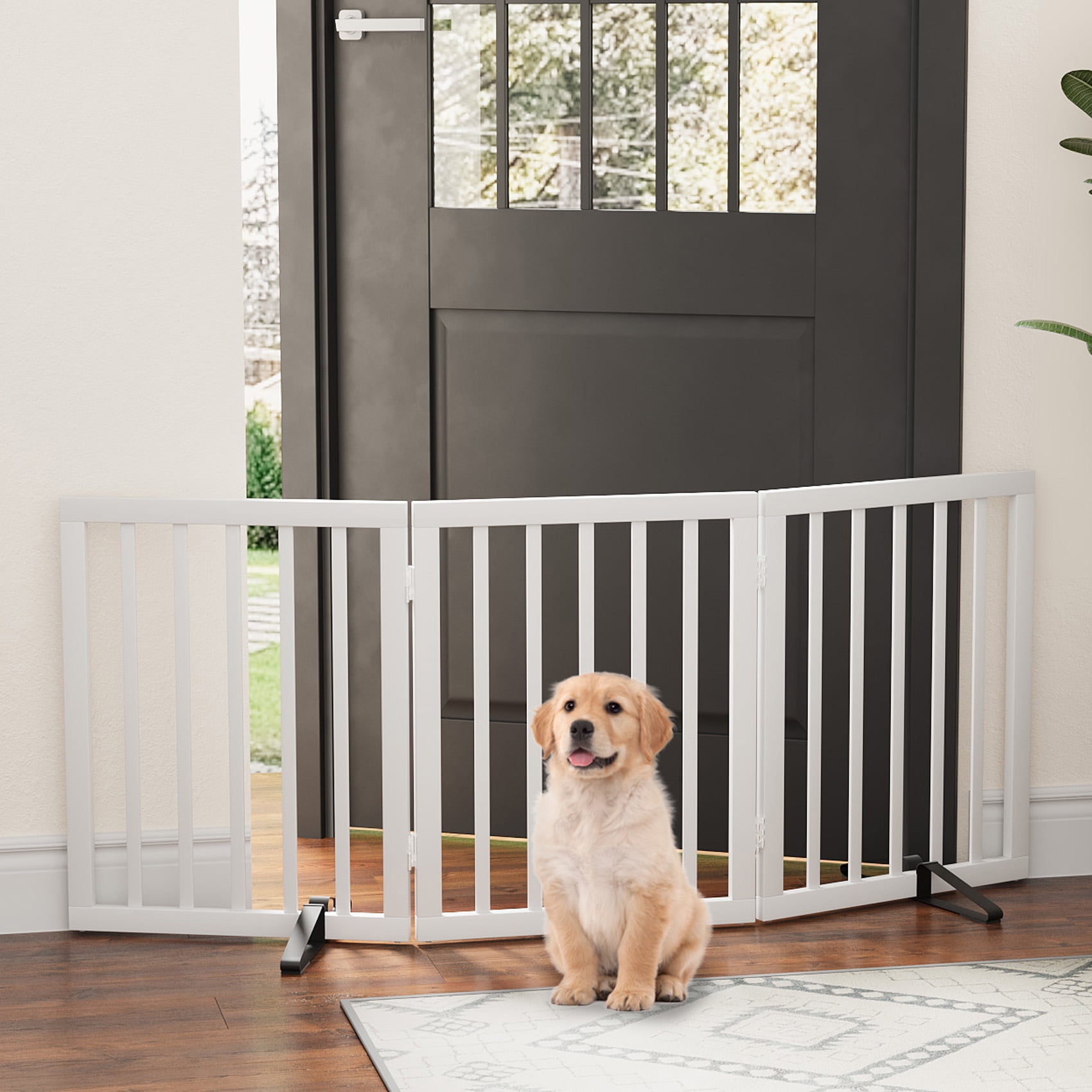 Algherohein Dog Gate for Inside,Bamboo Freestanding Pet Gate for Doorways,Indoor, 24" White
