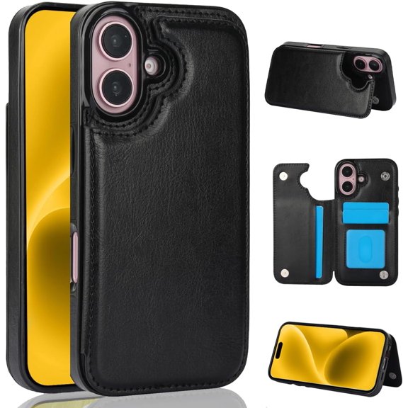 Phone Cases Design for iPhone 16 Plus Flip Folio Wallet Case with Credit Card Holder Slot PU Leather Cover Durable Kickstand Protective Covers for Women Men Girls 6.7 inch Black