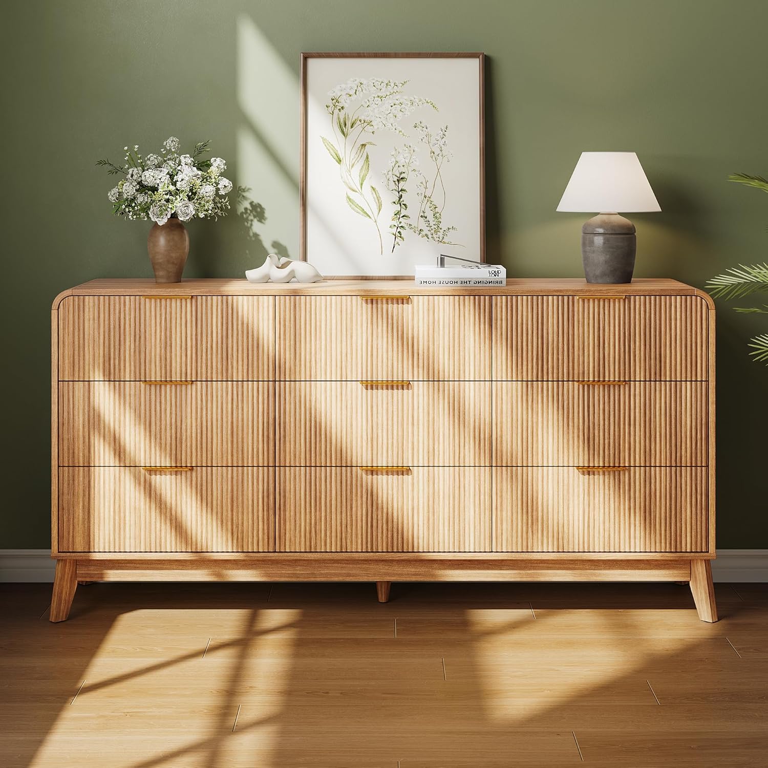 Akaber Modern Dresser, Fluted 9-Drawer Chest of Drawers for Bedroom, 48" Wide Handleless Wooden Dresser TV Stand for Living Room Entryway