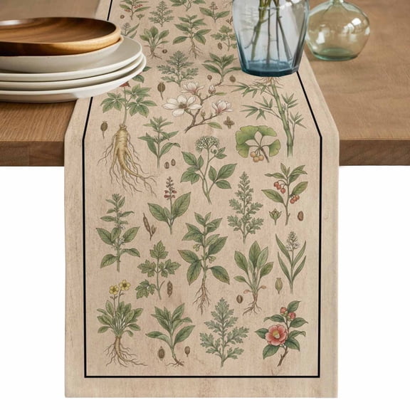 Table Runner 36 Inches Long for Kitchen Dining, Vintage Botanical Dresser Scarf Farmhouse, Dining Table Decorations for Wedding/Parties, Country Herbs Leaves Plants Flowers Brown 13 x 36 In