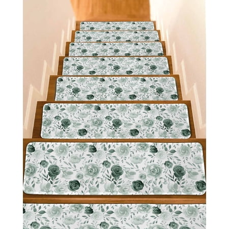Sage Green Flower Stair Treads for Wooden Steps Indoor Runner Rug Carpet Vintage Rose Floral Botanical Leaf 15 Pieces Peel and Stick Staircase Step Treads Covers Washable Throw Door Mats 30 x8
