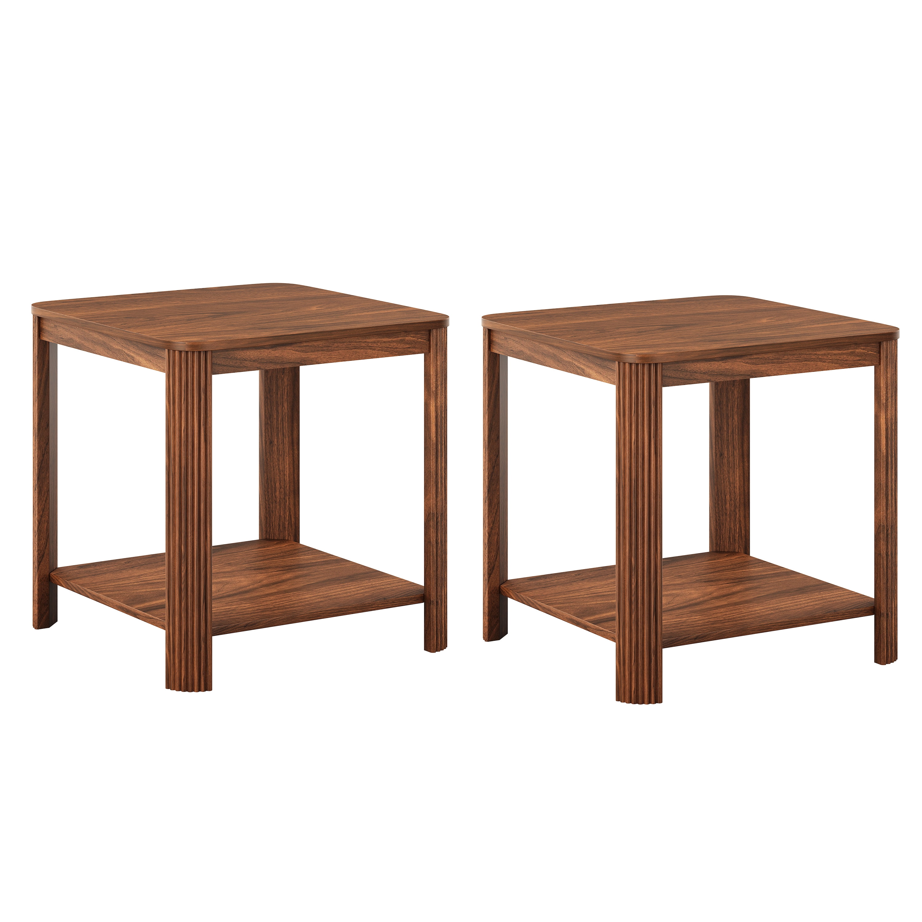 Rounded Corner End Table with Vertical Wave Grain Legs, 2-Tier Boho Side Table, 22.1" Square Nightstand for Small Spaces, for Living Room, Bedroom, Home Office, Walnut.