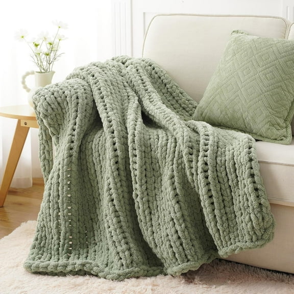 Sage Green Chunky Knit Throw Blanket, Soft and Thick Chenille Throw Blanket, 50"x60" Handmade Cable Knit Crochet Blanket, Cozy Knot Knitted Throw Blankets for Couch Home Decor, Light Green