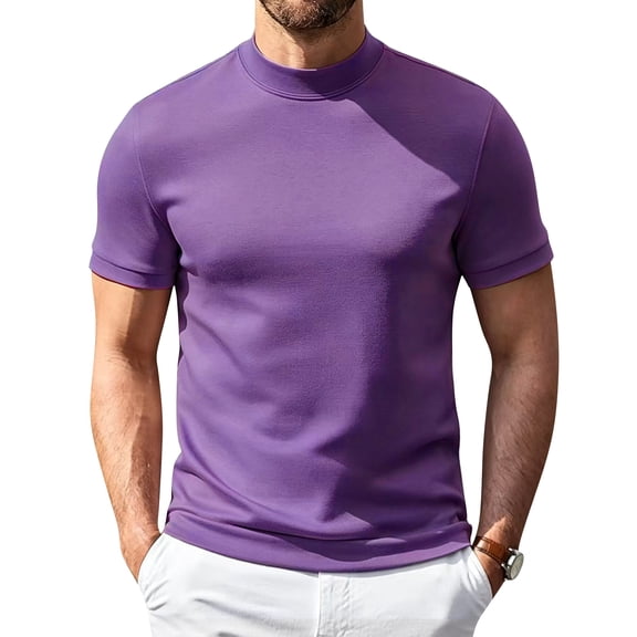 Uwinwear Mens Elastic T-Shirt Short Sleeve Basic Mock Neck T-Shirt Solid Color Slim Fit Undershirt Pullover Summer Thin Breathable Tops,Dark Purple,M