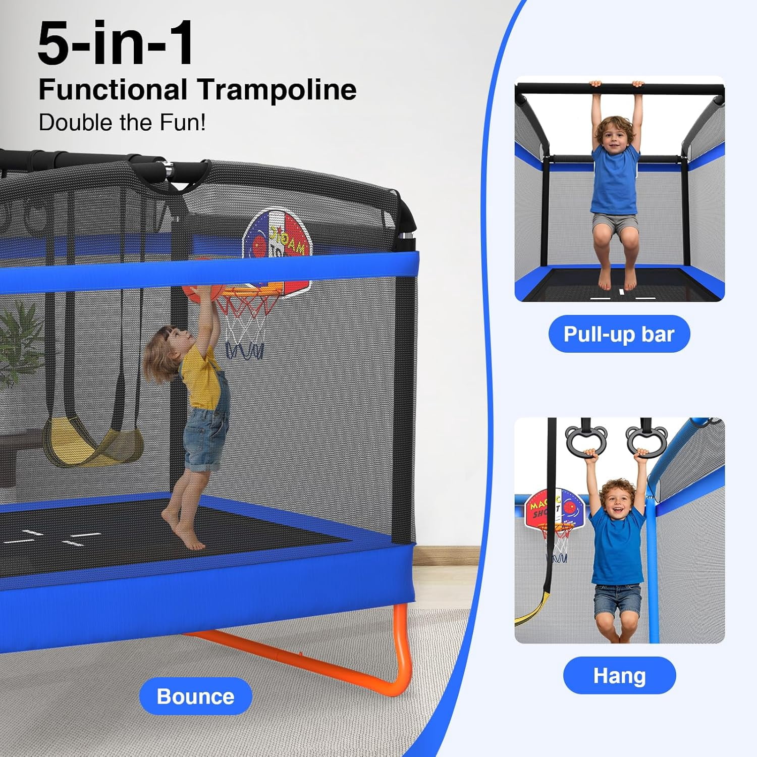 6FT Rectangle Toddler Trampoline by LANGXUN, 5-in-1 Kids Mini Trampoline Featuring Safety Enclosure Net for Indoor & Outdoor Use