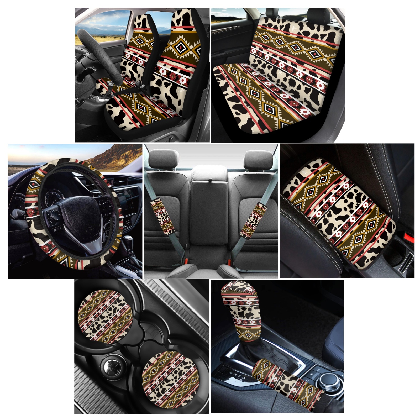 Renewold American Tribal Cow Print Red Beige 12 PCS Car Seat Covers Set for Women, Soft Steering Wheel Cover Seat Belt Pads Armrest Pad Handbrake Cover Gear Shift Cover Coasters Car Decor