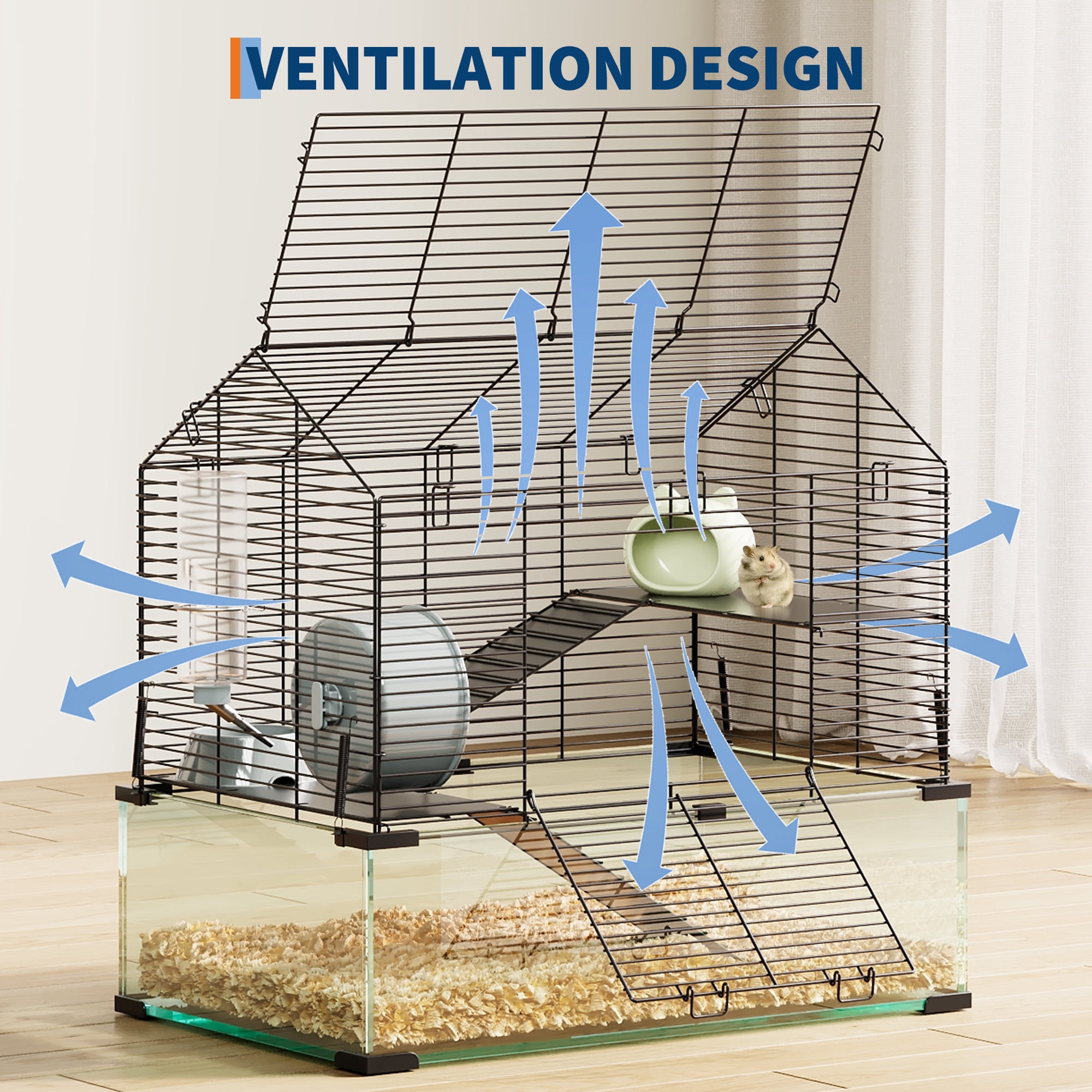 Gaderth 3 Tiers Hamster Cage with Deep Tempered Glass Bottom, Large Hamster Tank with Running Wheel, Hut, Dish ＆ Water Bottle, Rat Cage for Dwarf, Syrian, Gerbils, Mouse