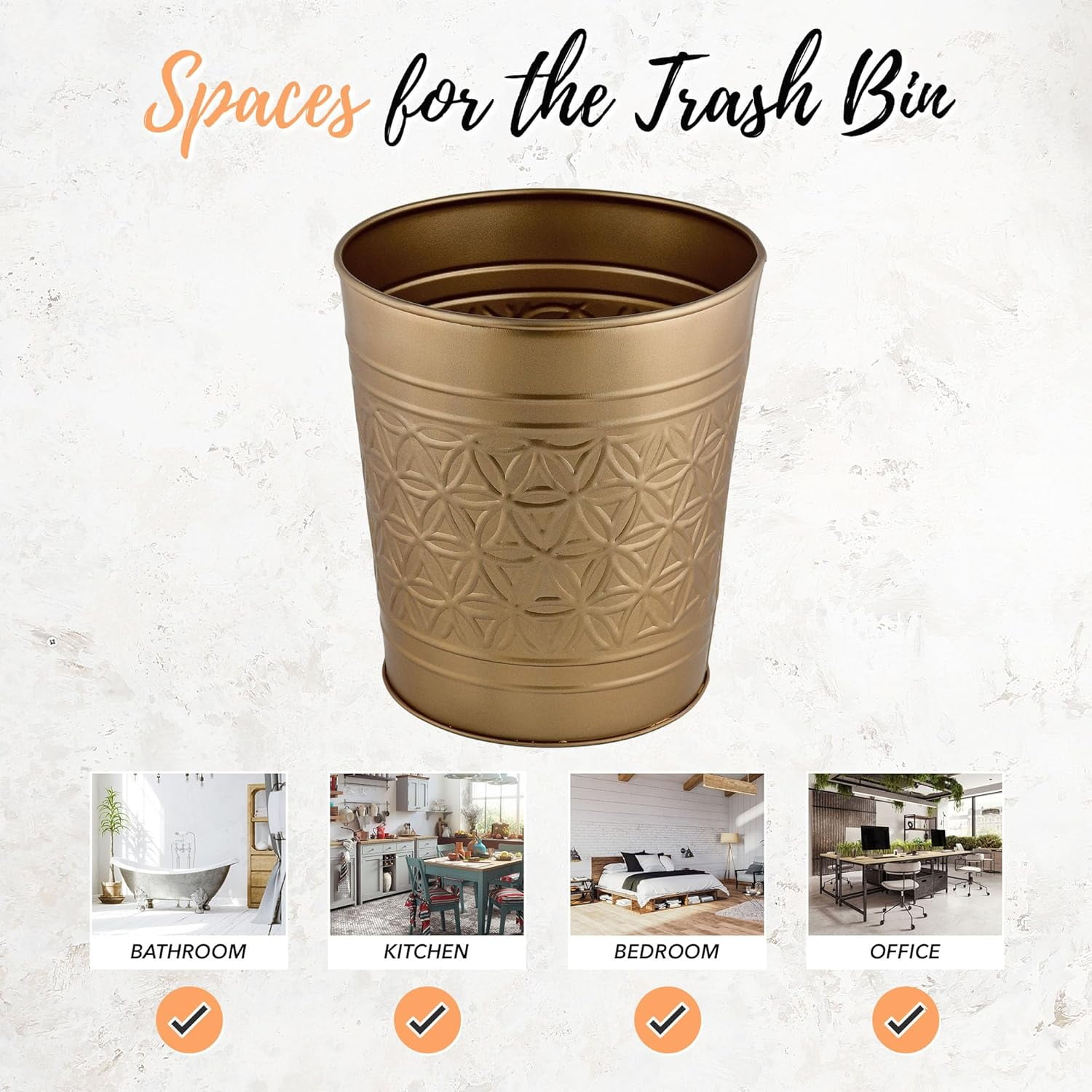 Autumn Alley 7 Liter Antique Gold Metal Bathroom Trash Can – Open Top Round Waste Basket for Bedroom, Office or Vanity