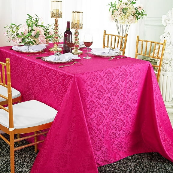 Wedding Linens Inc. 90"x 132" Seamless Rectangular Marquis Damask Jacquard Polyester Linen Tablecloth - Fuchsia