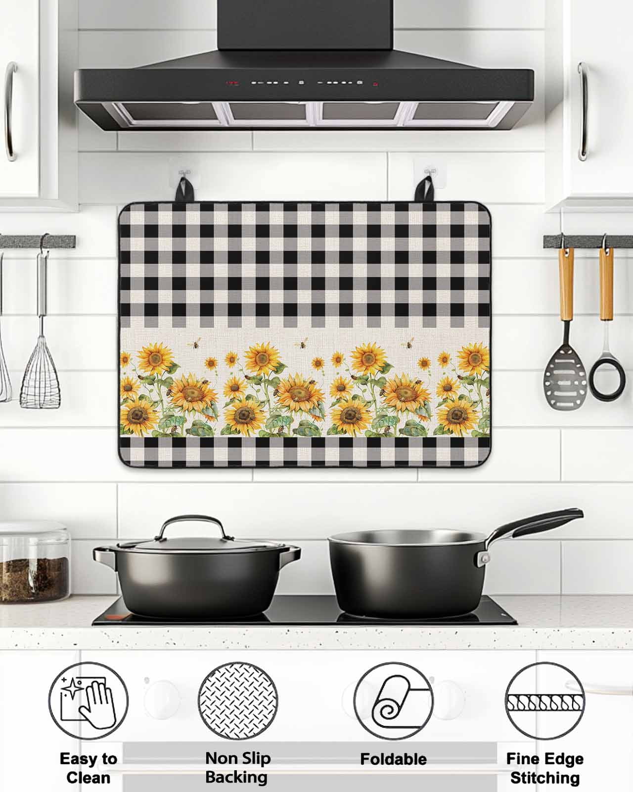 Stove Top Covers for Electric Stove, Sunflower Glass Stovetop Cover Protector, Retro Buffalo Plaid Black White Country Bee Induction Cooktop Protector Oven Mat for Kitchen Countertop 24"x21"
