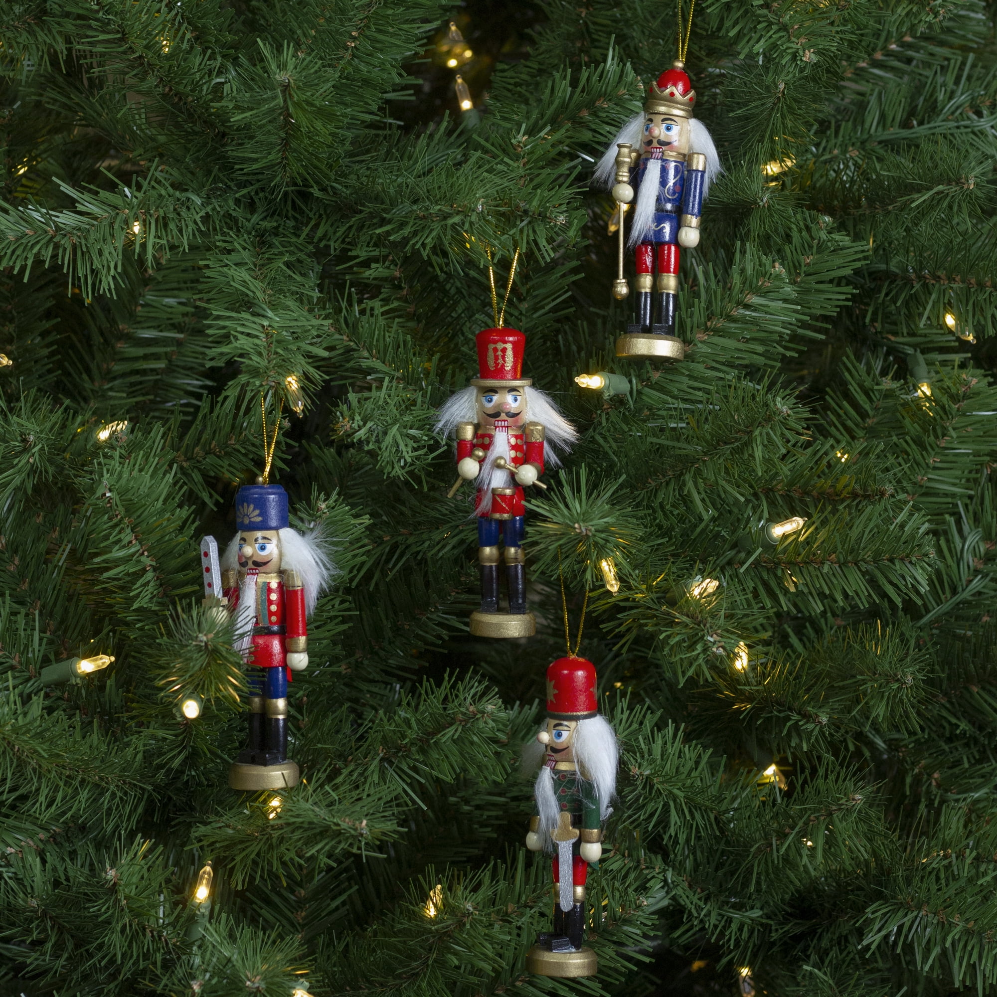 Pack of 4 Red Blue and Green Decorative Wooden Christmas Nutcracker Ornaments 5"