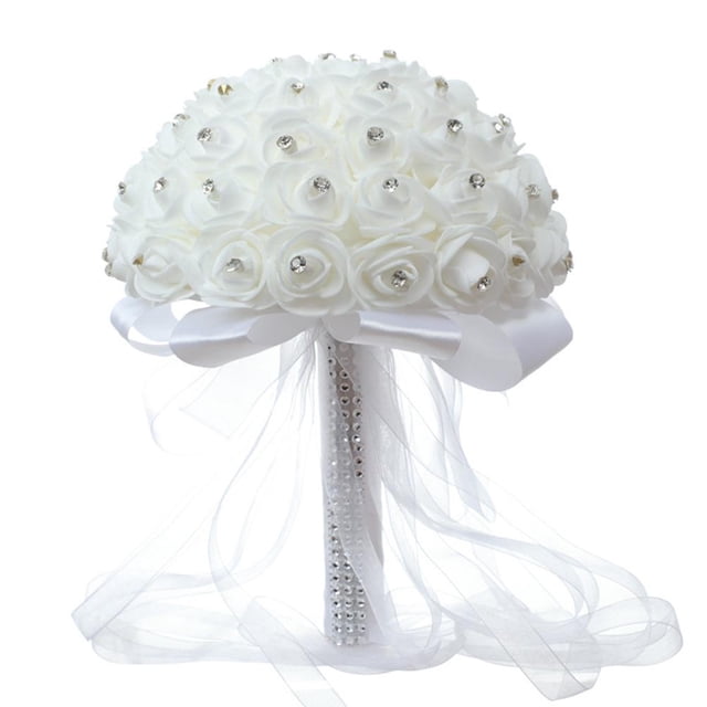 Ramo de novia blanco, ramo de rosas artificiales con perlas de cristal para decoración del hogar, compromiso de boda