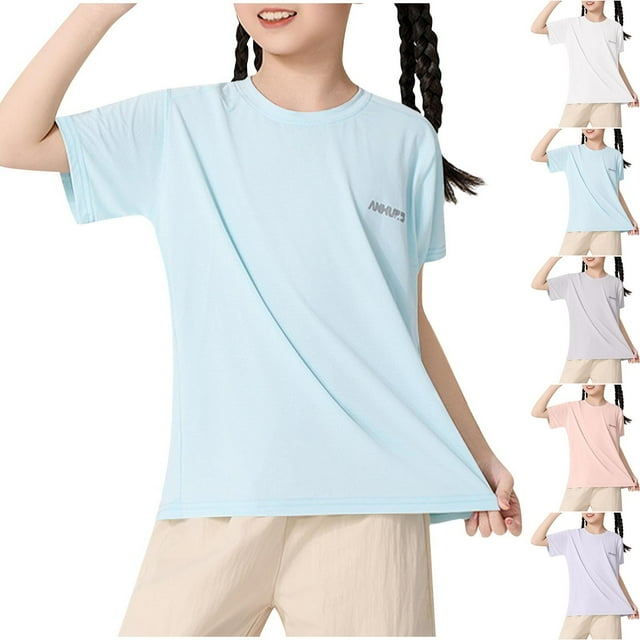 MKOSPLRT Workout Tops for Girl Short Sleeve Quick Dry Shirts Crew Neck Gym Yoga T Shirts Solid Color Loose Fit Tees Activewear for Children
