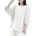thumbnail image 3 of PIWHJQK 3/4 Length Sleeve Women Tops Cotton Linen Shirts Womens Solid Crew Neck 3/4 Sleeve Linen Loose Casual Pullover Women Blouses, 3 of 4