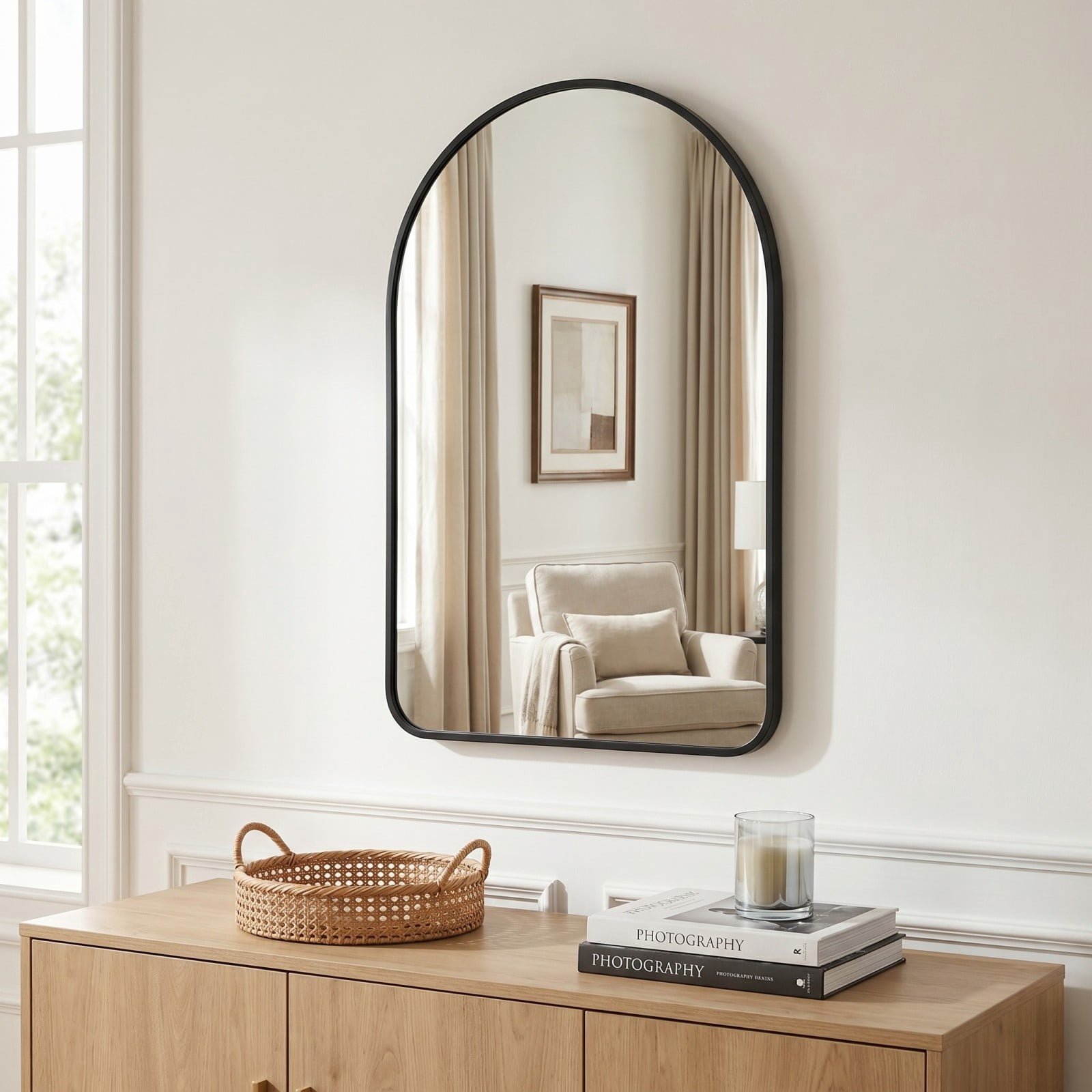 GRAHMCY 26"x38" Arched Bathroom Wall Mirror Rounded Corner Vanity Mirror with Metal Frame, Black