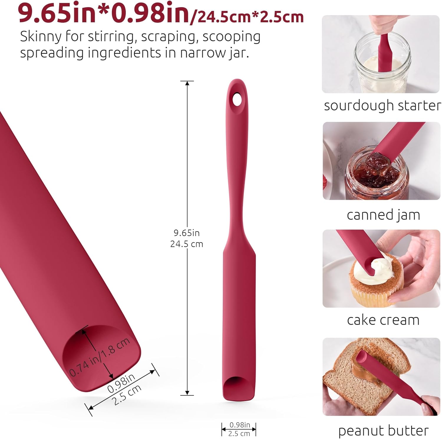2 Piece Skinny Silicone Jar Spatula Kitchen Tweezer Set 600F Heat Resistant 10 Inch Round Tip Red