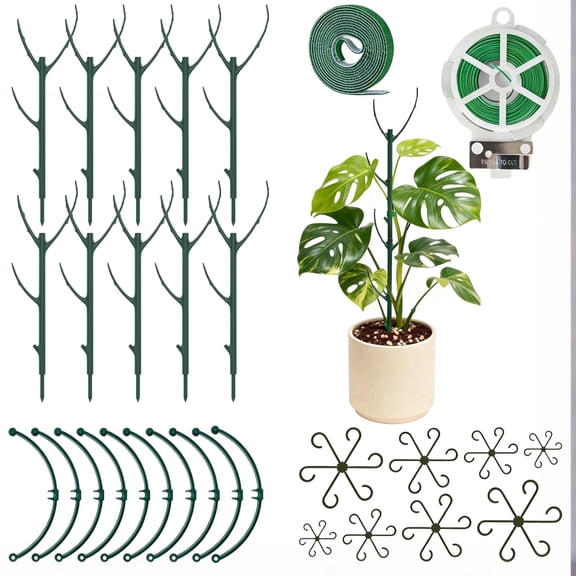 Pershook 30-Pack Monstera Plant Support Stakes - Stackable Sticks for Indoor Plants up to 24.8" - Outdoor Garden Poles & Trellis with Tape & Twist Tie for Climbing Vines