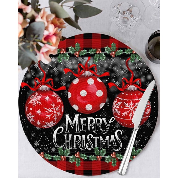 15 Inch Round Placemats Set of 4, Red Christmas Balls Non Slip Heat Insulation PP Table Mats, Winter Snowflakes Xmax Berry Plaid Washable Place Mats for Kitchen Dining Party Table Decor