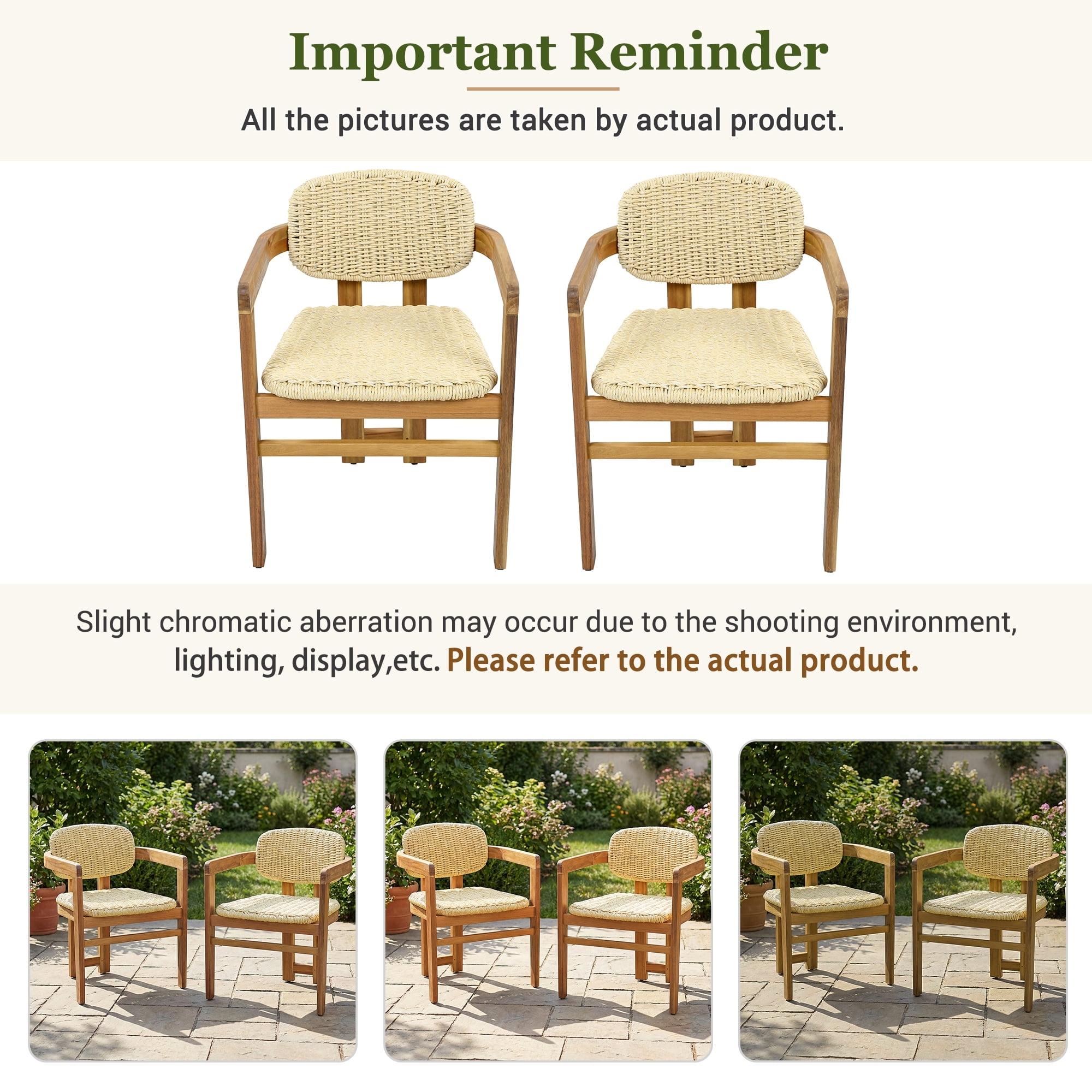 Woven Rattan Accent Chairs Set of 2, Outdoor Patio Seating Chairs, Teak Finish and Natural Rattan