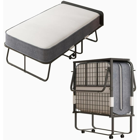 ijuicy Folding Bed,75" x 31" Rollaway Bed with 5”Thickness Mattress,High Rebound Foam Filling,Steel Frame with 4 Movable and Lockable Wheels