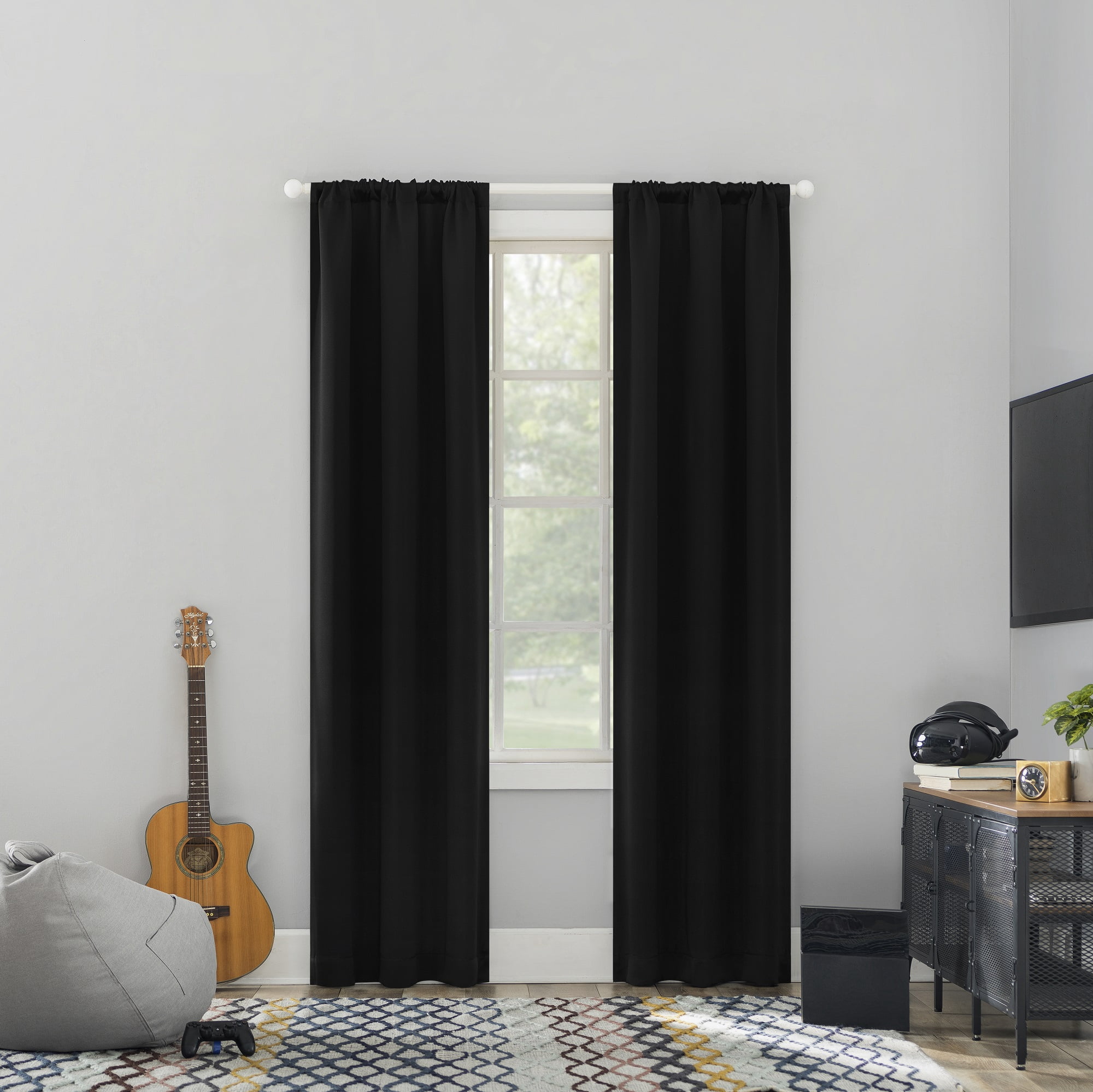 Sun Zero Randall Blackout Rod Pocket Curtain Panel, 37" x 63", Black