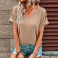 thumbnail image 3 of Camiseta Vhermosa de manga corta para mujer Casual Color liso cuello en V Caqui S, 3 of 6