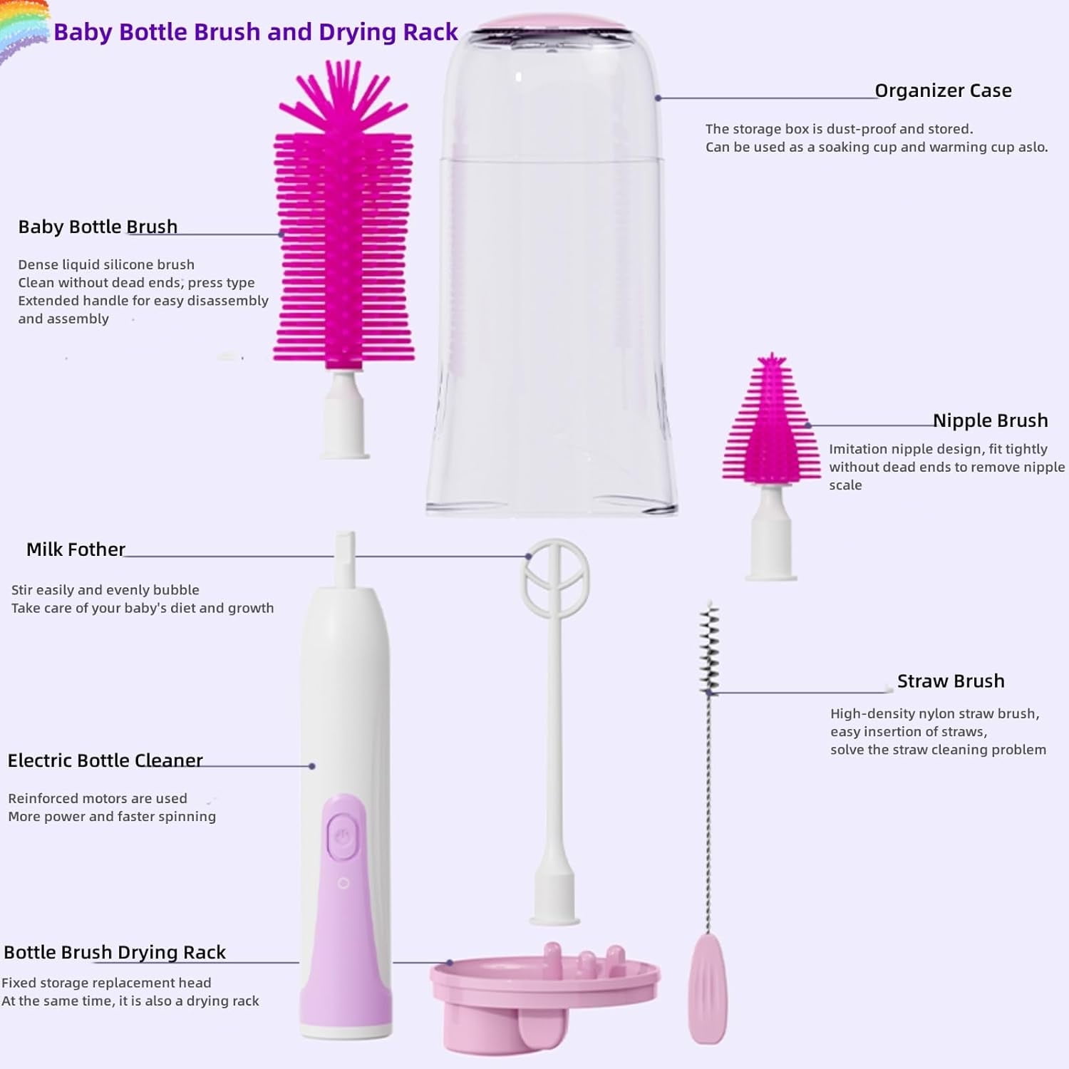 Electric Bottle Brush Cleaner, Rechargable Electric Baby Bottle Brush for Travel, Waterproof Electric Bottle Cleaner Set with Nipple & Straw Brush, Perfect Essentials Gift for Mom After Birth, Purple