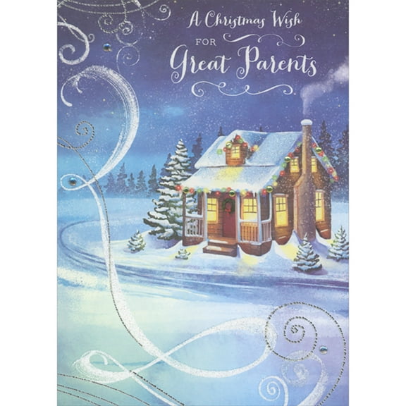 Designer Greetings Snowy Wind Swirling Around Warmly Lit Small Wood Cabin, Silver Foil and Gems 3D Hand Decorated Christmas Card for Parents