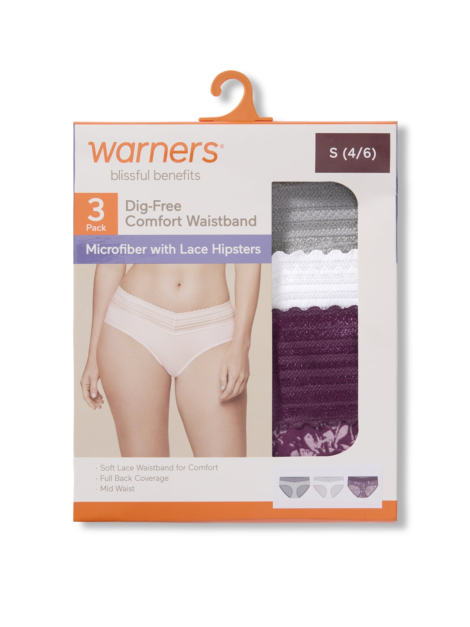Warners® Blissful Benefits Women's Dig-Free Comfort Mid Waist Microfiber Hipster With Lace 3-Pack S-3XL