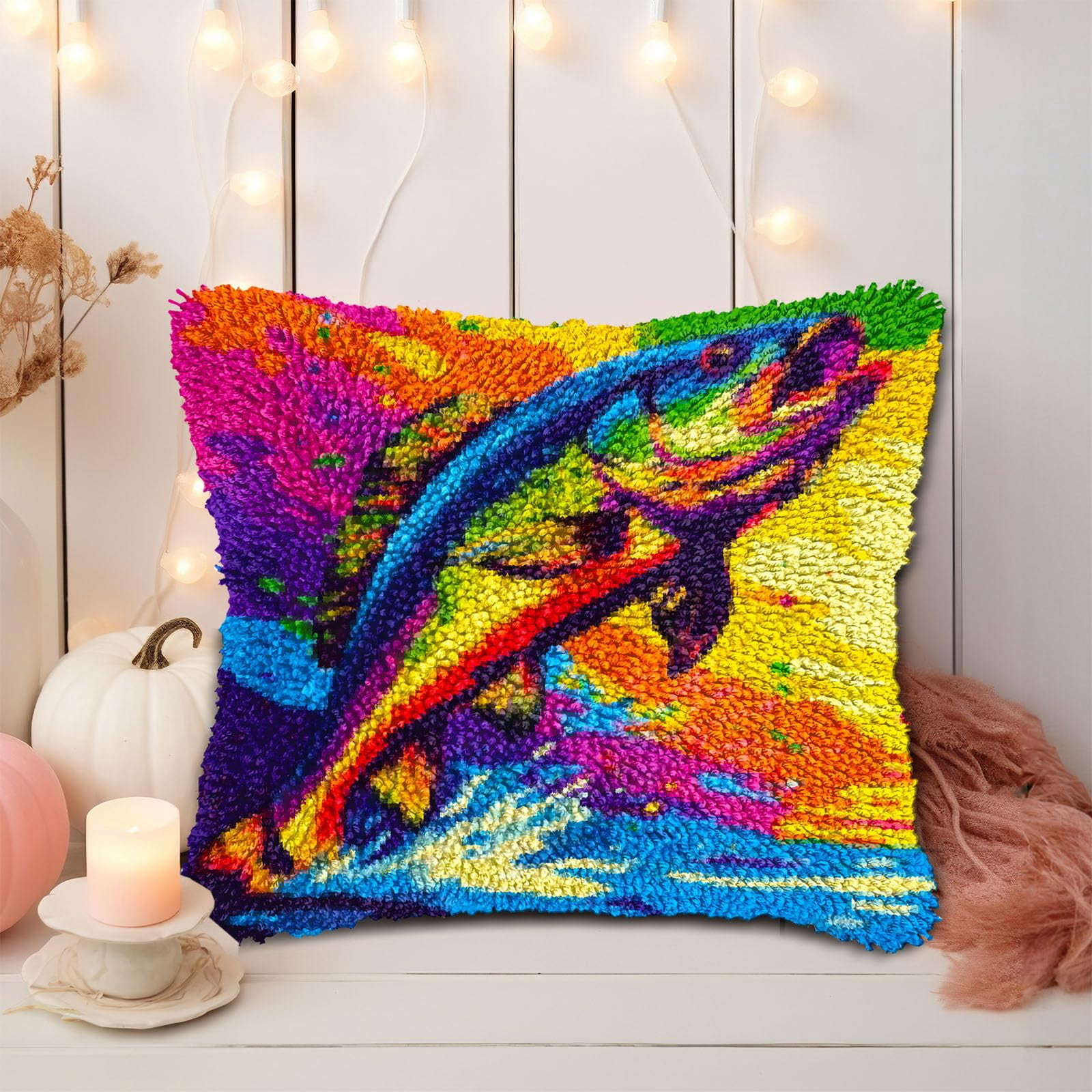 Fish Bass Out from Water DIY Latch Hook Pillow Kits for Adults Printed Pillowcase Crochet Yarns Hooking Handmade Pillow Cover Cushion for Home Sofa Decoration 17x17inch(1)