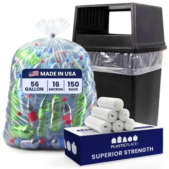 Plasticplace 56 Gallon Trash Bags - Clear High Density Garbage Bags - Heavy Duty, Scent-Free, Large Trash Can Liners for Kitchen, Commercial, & Garden Use 16 Microns, Leak-Proof, 43" x 48", 150 Count