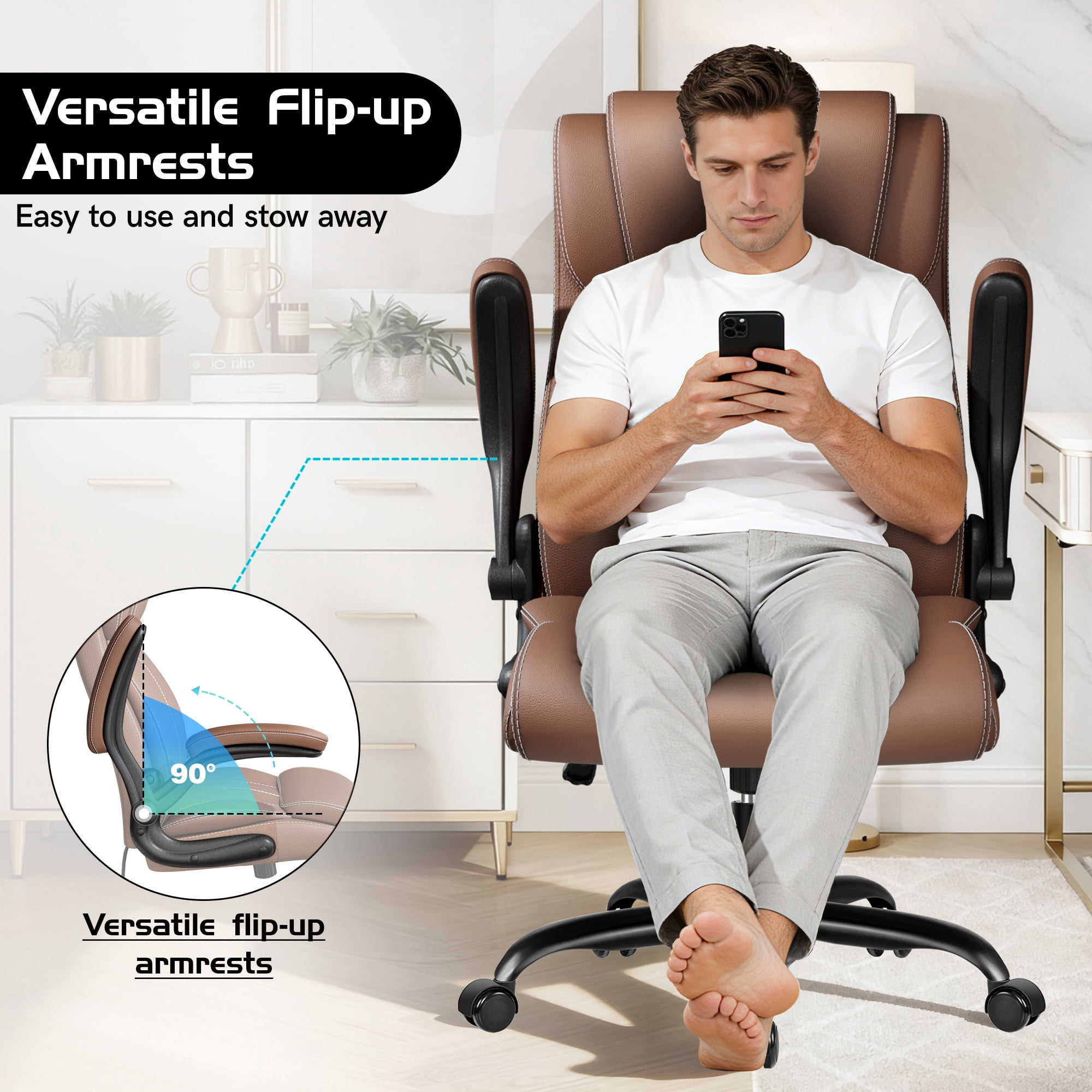 COOLHUT Big and Tall Office Chair 350LBS, Comfy Heavy Duty Executive Desk Chair with Adjustable Lumbar Support, Higth Back Computer Home Office Chair with Padded Flip -up Arms, Brown