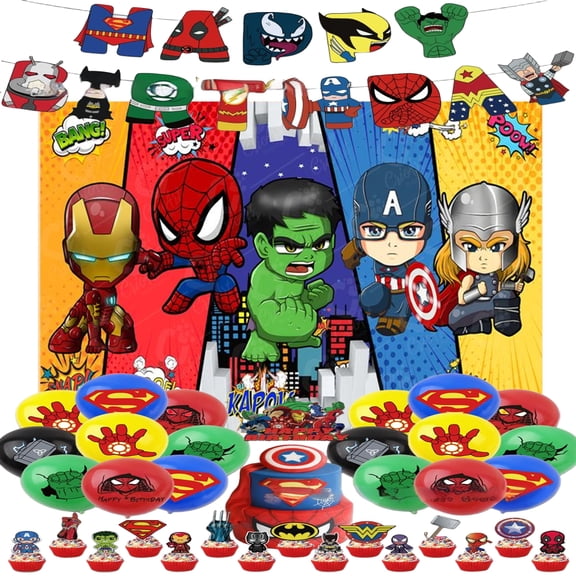 Cartoon Superhero Themed Birthday Party Decor Supplies Kits, Including Banner, Balloons, Cake Toppers, Cupcake Toppers.