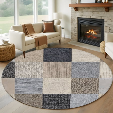 Khaki Grey Woven 8FT Round Area Rugs for Living Room Modern Minimalist Patchwork Linen Texture Ultra-Thin Non-Slip Round Rugs Machine Washable Low Pile Circle Carpet for Bedroom Kitchen Nursery
