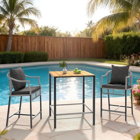 VEIKOUS Outdoor Bar Table and Chairs Set, High Top Bar Table with 2 Cushioned Stools for Patio, Poolside