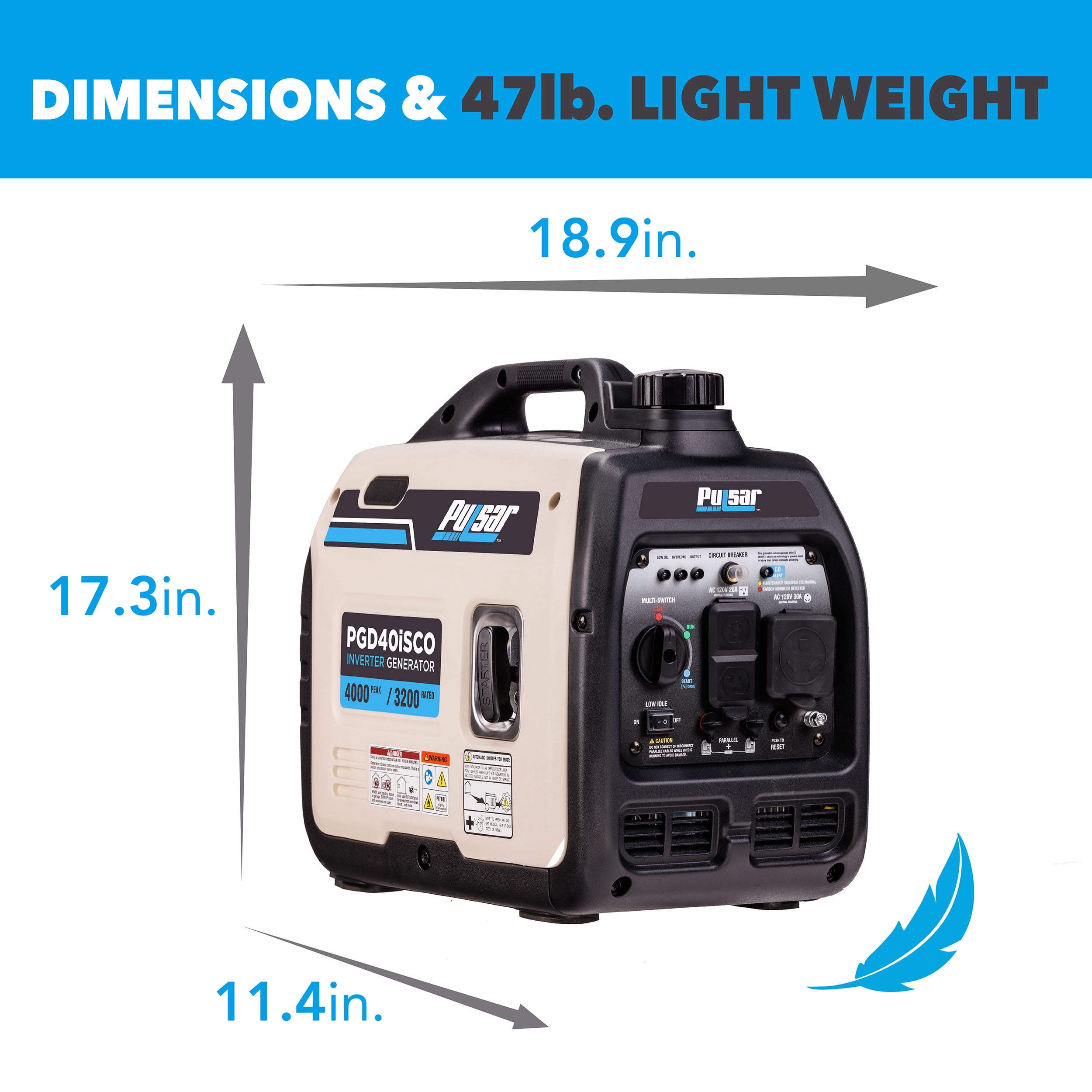 Pulsar 4000-Watt Super Quiet Gas Powered Inverter Generator with CO Sentry, RV Ready