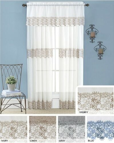 Lillian Macrame Embroidered Lace Curtains Rod Pocket Top 