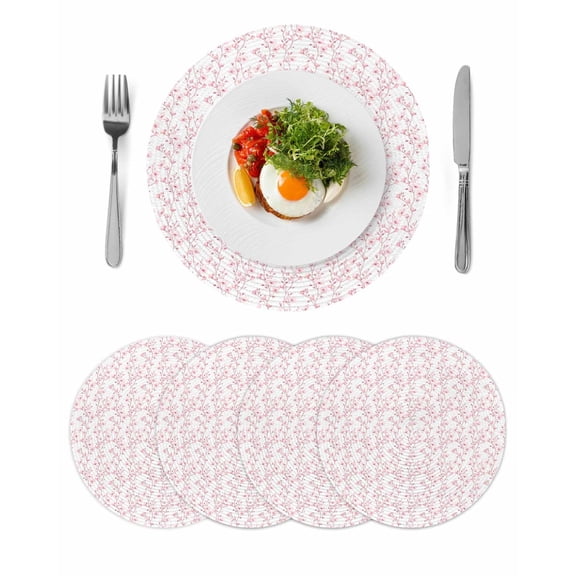 Pink Spring Floral Round 13 Inch Placemats Set of 4, Elegant Watercolor Summer Botanical HeatResistant Non Slip Place Mats for Dining Table, Wipeable Braided Kitchen Table Mats for Housewarming