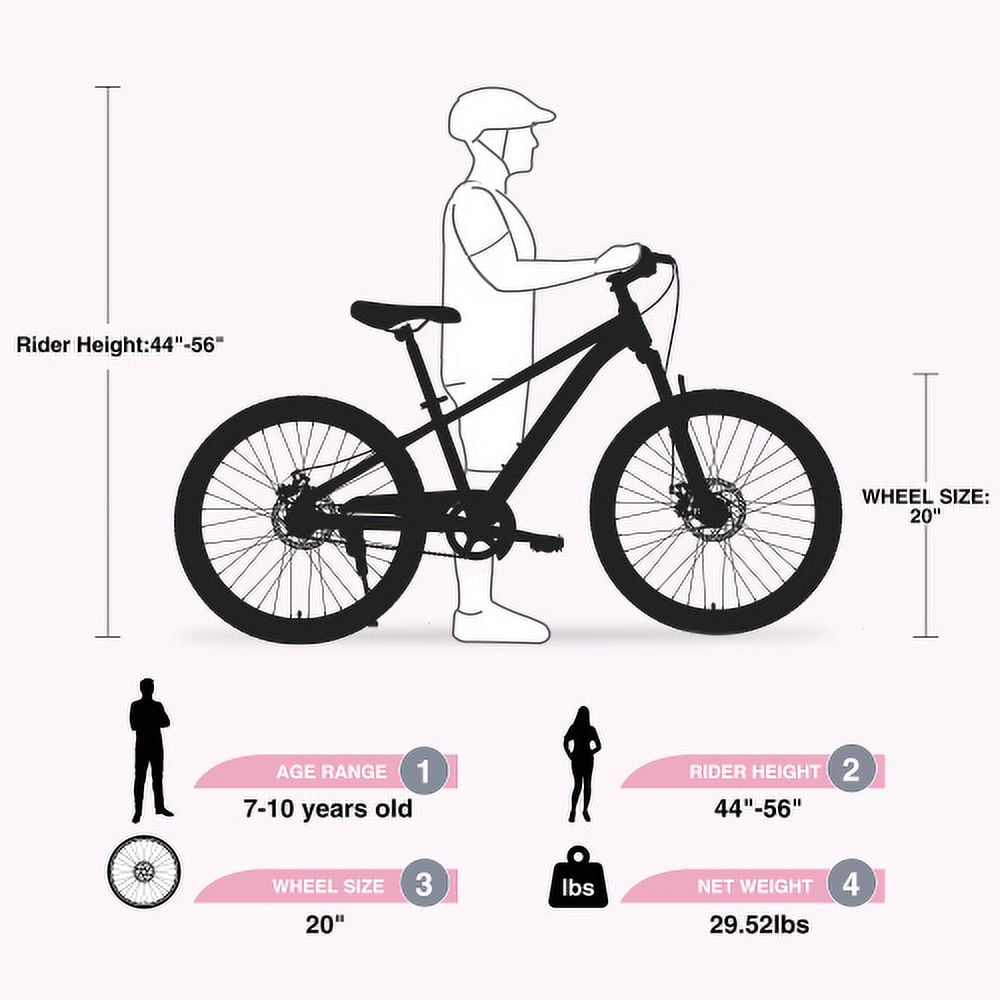 POWANLI 20 Inch Bike, Mountain Bike Ages 8-12, single Speed Bicycles, Front Suspension Disc Brake, 11 Inch Height Steel Frame