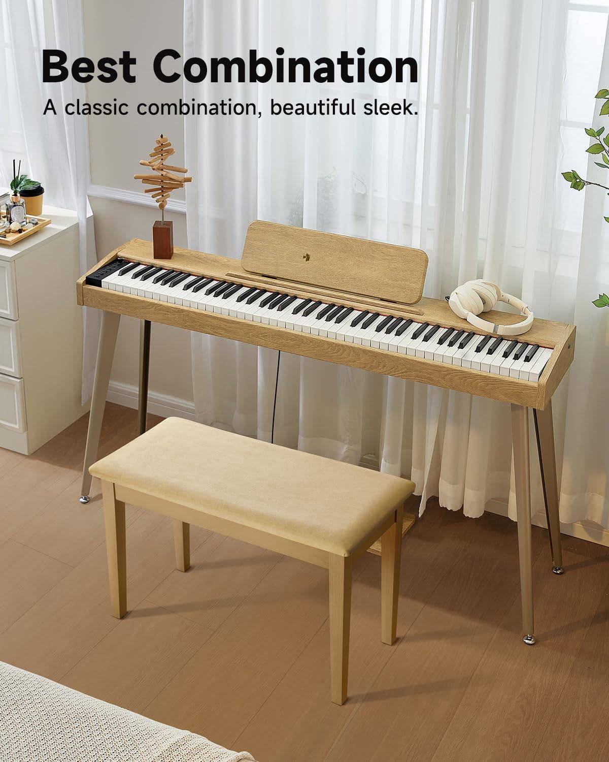 Donner Duet Piano Bench With Storage  Solid Wooden Keyboard Bookcase Stool Chair Seat High-density Sponges Padded Cushion Beige